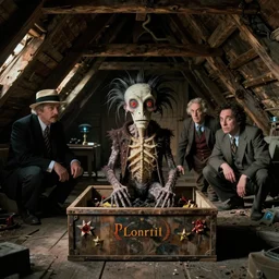 the strange creature in the box in the attic, they look at me, film still from the movie directed by wes anderson and david cronenberg with art direction by salvador dali and zdzisław beksinski, wide lens