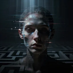 dark expressive portrait of the digitally glitched soul, dramatic lighting, lonely, god rays, edges, universal background,  facial expression, details, chiaroscuro, character, atmospheric lighting, motion design, by Beksinski, maze, sharp focus, deviantart, irridescent, intense knowledge, masterpiece, paradox,