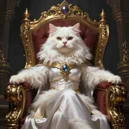 An epic fantasy comic book style portrait painting of a white persian cat queen in throne, unreal 5, DAZ, hyperrealistic, octane render, cosplay, RPG portrait, dynamic lighting