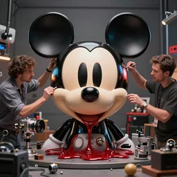 netflix movie studio with mechanics trying to fix a huge bleeding mickey head, diorama, dof, zeiss lens, detailed, centered, fashion photoshoot, by artgerm and beeple, shiny, breathtaking, 8 k resolution, detailed, beautiful, artistic, hyperrealistic, octane render