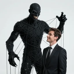 a highly detailed, dark fantasy, sinister humanoid figure made out of strings, making a smile with very sharp teeth, the strings attach themselves to a man in a good looking suit that is smiling, white background, photorealistic image, 4 k / 8 k, 1 5 mm wide - angle lens, cinematic lighting