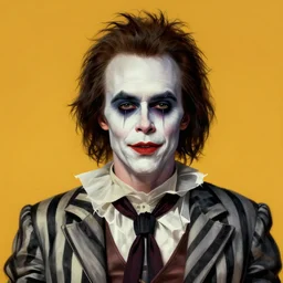 portrait of michael keaton as beetlejuice ( 1 9 8 8 ), highly detailed, centered, solid color background, digital painting, artstation, concept art, smooth, sharp focus, illustration, donato giancola joseph christian leyendecker, les edwards, ed repka, basil gogos, wlop, artgerm