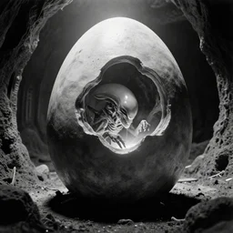 a close - up, ultra detailed black & white studio photographic portrait of you are exploring an abandoned space station when you stumble upon a strange room. inside, you find a large, egg - like object, suddenly, the egg begins to hatch, and a grotesque alien creature emerges! dramatic backlighting, 1 9 7 3 photo from life magazine, by h. r. giger, in the style of the movie aliens, alien cave landscape,