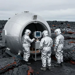 scientists in a silver bunker suit exploring the lava fields, award winning photograph