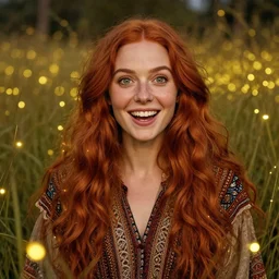 a totally amazed smiling pretty woman surrounded by golden firefly lights amid grassland, fully covering intricate detailed bohemian outfit, long loose red hair, precise linework, accurate green eyes, small nose with freckles, beautiful smooth oval head, expressive emotions, hyper realistic ultrafine portrait by artemisia gentileschi, jessica rossier, greg rutkowski, artgerm