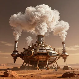 a grotesque and ancient steampunk terraforming station on mars, like a factory billowing fluffy clean white water clouds upward into the sky, at sunset, hyperreal, hopeful, artstation