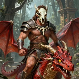 photo of arnold schwarzenegger as conan the destroyer, mounted on a red dragon with yellow eyes, wearing ancient barbarian armor, mask made from animal skull and necklace made from human bones, sharp focus on ultra detailed face, hyper realistic, forest temple in the background, digital painting, box art illustration trending pixiv fanbox by wlop and greg rutkowski and caravaggio and rosa bonheur, and