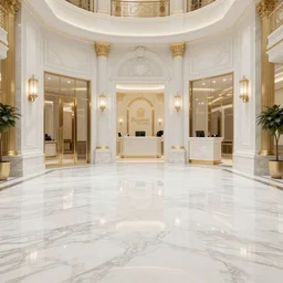 Bank interior elegant bank fancy white marble flooring reflective gold accents. blade runner 2049 movie still. man wearing red jacket carrying duffle bag holding shotgun. 2017 movie still 35mm wide angle lens