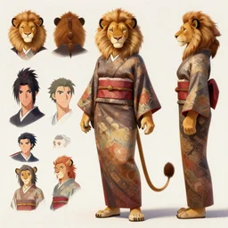 beautiful full body portrait of a strong female anthropomorphic lioness fursona wearing a ornate yukata. character reference sheet with front, back and side profiles. character design by disney, anime, manga, charlie bowater, ross tran, artgerm, and makoto shinkai, detailed, soft lighting, rendered in octane