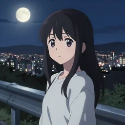 anime visual, dark portrait of a young female sightseeing above the city at night, guardrail, moon, cute face by yoh yoshinari!!, katsura masakazu, dynamic pose, dynamic perspective, strong silhouette, ilya kuvshinov, anime cels, 1 8 mm lens, fstop of 8, rounded eyes, moody, detailed facial features, inked