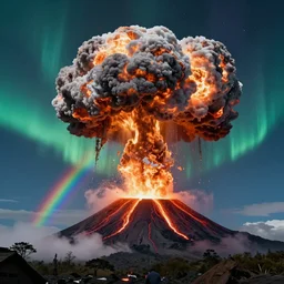 volcano erupting nuclear explosion made of rainbows, mushroom cloud, aurora borealis
