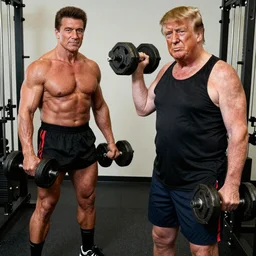 Trump pumping iron next to Arnold Schwarzenegger
