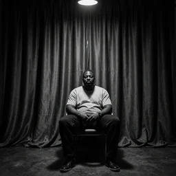 one Large black man sitting on chair in front of background made of large folding silky curtains, dark, 8K photo realistic, black and white color, dimly lit, top light, dark