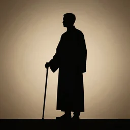 silhouette of a character with a robe standing with a cane