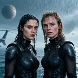 cinestill 5 0 d candid photographic portrait by christopher nolan of two loving female androids wearing rugged black mesh techwear in treacherous waters, clear sky with planets, helicopter, medium closeup, modern cyberpunk moody emotional cinematic, pouring iridescent rain bright spotlight, 8 k, hd, high resolution, 3 5 mm, f / 3 2, ultra realistic faces, ex machina