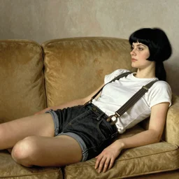 a woman with black hair and long pixie haircut in shorts lying on couch with suspenders and white t-shirt drawn by Alexandre Cabanel, norman rockwell, frank frazetta, alphonso azpiri, maler collier, peter paul rubens, alphonse mucha, gustav klimt 4k, unreal 5, DAZ, french noveau, trending on artstation, octane render, hyperrealistic