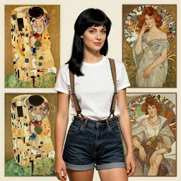 a woman with black hair and long pixie haircut in shorts with suspenders and white t-shirt drawn by William Waterhouse, norman rockwell, frank frazetta, peter paul rubens, alphonse mucha, gustav klimt 4k, unreal 5, DAZ, french noveau, trending on artstation, octane render, hyperrealistic