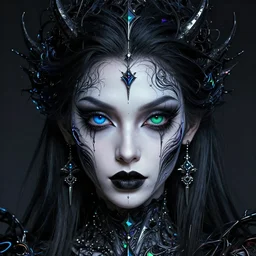 portrait of funny blue and green eyes goth dark queen of the vampire council, intricate abstract. intricate artwork, by tooth wu, wlop, beeple, dan mumford. concept art, octane render, trending on artstation, greg rutkowski very coherent symmetrical artwork. cinematic, key art, hyper realism, high detail, octane render, 8 k, iridescent accents