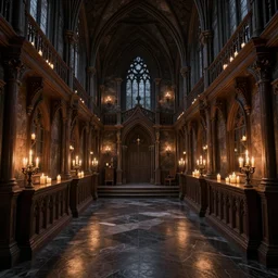 highly detailed 3 d architectural render of gothic vampire castle interior, dark aesthetic, wooden fixtures, lots of wax candles, volumetric lighting, granite glossy floors, octane render,