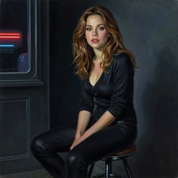 Sofia Vergara, sitting on a stool, in the style of Hajime Sorayama,  extremely detailed masterpiece, oil on canvas, low-key neon lighting, artstation, Blade Runner 2049, Roger Deakin’s cinematography, by J. C. Leyendecker and Peter Paul Rubens and Edward Hopper and Michael Sowa,