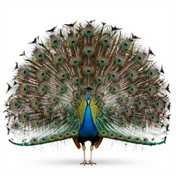 giant peacock, studio photography, full body, isolated on a pure white background, centered, entire subject in frame, sharp focus, soft studio lighting