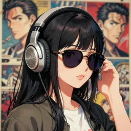 girl wearing headphones and sunglasses, very anime!!! anime!! intricate details, high contrast colors, sharp, focused, detailed poster background, art by conrad roset and ilya kuvshinov