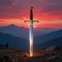 sword implanted into ground, distant mountains, colourful sky, shining blade, brilliant red skies, by sylvain sarrailh, rossdraws, ambient light, ultra detailed, fantasy artwork, 8 k, volumetric lighting, trending on artstation, award winning, very beautiful.