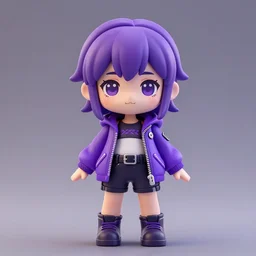 portrait of a anime and chibi very cute doll with purple jacket design by antonio mello, nendoroid, kawaii, cyberpunk fashion, character modeling, toy design, substance 3 d painter, vray, soft vinyl, trending in artstation