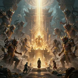various demons and monsters sealed by the holy light in old asian temple, beautiful texture, beautiful graphics, fantasy artwork, very beautiful scenery, hd, hdr, ue 5, ue 6, unreal engine 5, cinematic 4 k wallpaper, 8 k, ultra detailed, by popular digital, details, beautiful image ever created, high resolution, artstation, award winning