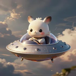 chibi cute creature flying in a open cockpit flying saucer, airbrush art deco styling