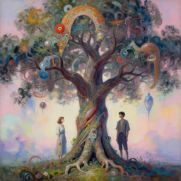 art titled tree of joy by yoko d'holbachie feat naoto hattori, caitlin hacket and hannah yata featuring archan nair and salviadroid. visionary psychedelic fineart painting. gigapixel resolution. intricate detailed. beautiful dramatic cinematic. in the style of subject zero. hyperrealistic render. dreamy blurry pastel aquarel background.