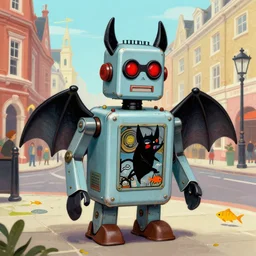 portrait of a tin toy robot jack the ripper as a bat with glowing red eyes sightseeing in victorian london, nicoletta ceccoli, mark ryden, lostfish, max fleischer, hyper realistic, artstation, illustration, digital paint, matte paint, vivid colors, bright, cheerful, detailed and intricate environment