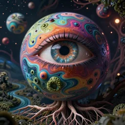 close up abstract music club with abstract designs deep colorful sphere, eye, concept art, nature, deep rivers, planet, fractals, depth of field, roots, fluid simulation in houdini, subsurface scattering, vray octane render, cgsociety