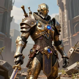 Destiny 2 Warlock in steampunk armor, city ruins background, intricate and beautiful details, trending on Artstation, realistic, vibrant,