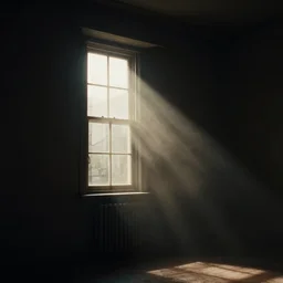 dramatic photograph of god rays passing through a window in a dark room