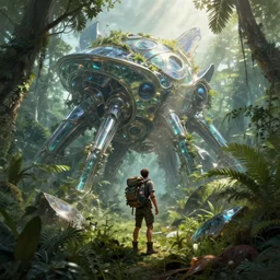 a backpacker standing at the remnants of an overgrown shiny metallic and glass alien structure by neil blevins in the jungle highly detailed digital painting, concept art by yongfei liu, alben tan, vance kocas, octane rendered, low angle, god rays, cg society, unreal engine