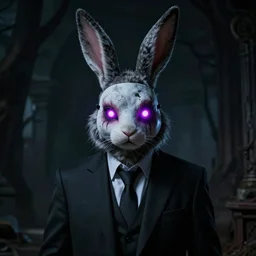 a detailed portrait of a creepy bunny wearing an anonymous mask dressed in a suit having neon eyes, epic, cinematic, very detailed, creepy, horror, dreamscape, hdr, dark, shadows