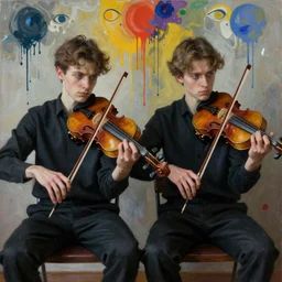 portrait of two young nervous violin players sitting on chairs getting ready to perform, half figure front, vincent lefevre and pat steir and hilma af klint, psychological, photorealistic, symmetrical faces, intriguing eyes, dripping paint, washy brush, rendered in octane, altermodern, masterpiece