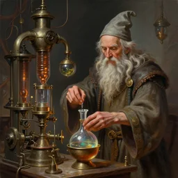 an old wizard operating a random pointlessly elaborate intricate contraption pneumatic machine | extracting a healing potion | anatomically correct hands | dnd character art portrait matte fantasy painting deviantart artstation | by jason felix by steve argyle by tyler jacobson cinematic lighting