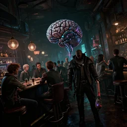 low wide tilted angle perspective photo of a cerebral hack in the corner of a crowded bar at midnight, cyberpunk, 3 d render, by wayne barlowe, by beeple, by artgerm, beksinski, rutkowski, peter gric, photorealistic, cinematic dramatic lighting, ominous electric atmosphere, album cover art, blade runner 2 0 4 9, masterpiece