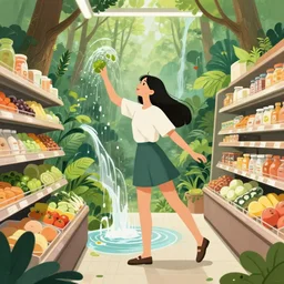 pretty girl!! model in grocery store transforming into a forest with a waterfall : : by martine johanna and simon stalenhag and chie yoshii and casey weldon and wlop : : ornate, dynamic, particulate, rich colors, intricate, elegant, highly detailed, the vogue, harper's bazaar art, fashion magazine, smooth, sharp focus, 8 k, octane render,