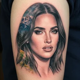 a mash up between a megan fox face with a beautiful mountain scenery, double exposure effect, medium sized tattoo sketch, amazing detail, trending on pinterest, in the style of brandon kidwell