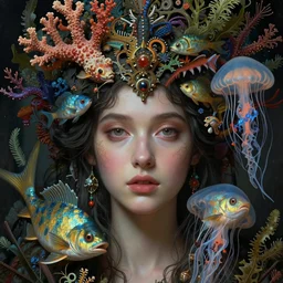 hyperrealistic detailed face portrait photo of the beautiful young goddess of the fish of the three lights with an intricate headdress of corals, sea kelp, sea plants, fish, jellyfish, sharp focus, moody atmosphere, highly detailed digital painting, art by ernst haeckel, h. r. giger, alphonse mucha, gustav klimt, gothic, neo - gothic, hyper