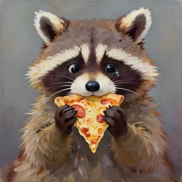a jeremiah ketner and studio ghibli acrylic impasto! painting! of a sad and teary and adorable and cute raccoon eating pizza