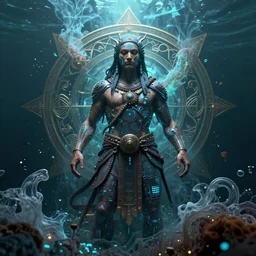 a centered render of an ancient futuristic shaman with digital modifications surrounded by a underwater ink pour and flowing liquid gallium and complex sacred geometry, perfect body and face, powerful, cinematic, beautifully lit, by beeple, by artgerm, by karol bak, 3 d, trending on artstation, octane render, 8 k