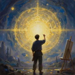 an epic painting of an artist, standing in front of canvas, holding tassel and drawing outlines of the new brighter and better world, right - side view, fantasy background, mystic, mysterious, oil on canvas, symmetric, perfect composition, golden ratio, concept art, smooth, sharp focus, illustration, artstation trending, unreal engine, hd, 8 k, highly detailed