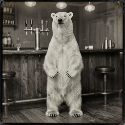 a still of a polar bear at a bar, standing on two legs on the floor. beer tap. daguerrotype