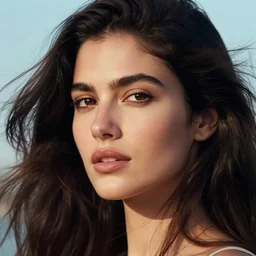 closeup photo of a beautiful woman with long dark wind blown hair, hyper realistic, concept art, intricate, hyper detailed, smooth, ambient volumetric lighting, high contrast, vibrant, hd, octane, alberto vargas,