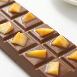 chocolate bar with mango pieces, sunlight, f - stop, high quality photography,