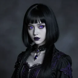 Pale-skinned Persian girl, black hime cut hair, long bob cut hair, purple eyes, gothic jacket, mysterious girl, photograph